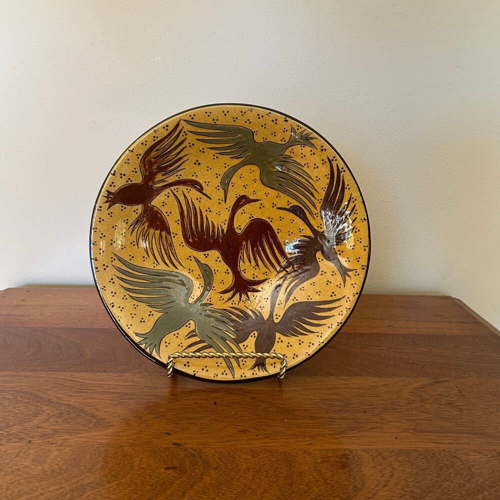 Vintage Phoenix Ceramic Dish Plate Brown Drip Glaze Yellow Orange Bird 8.5"